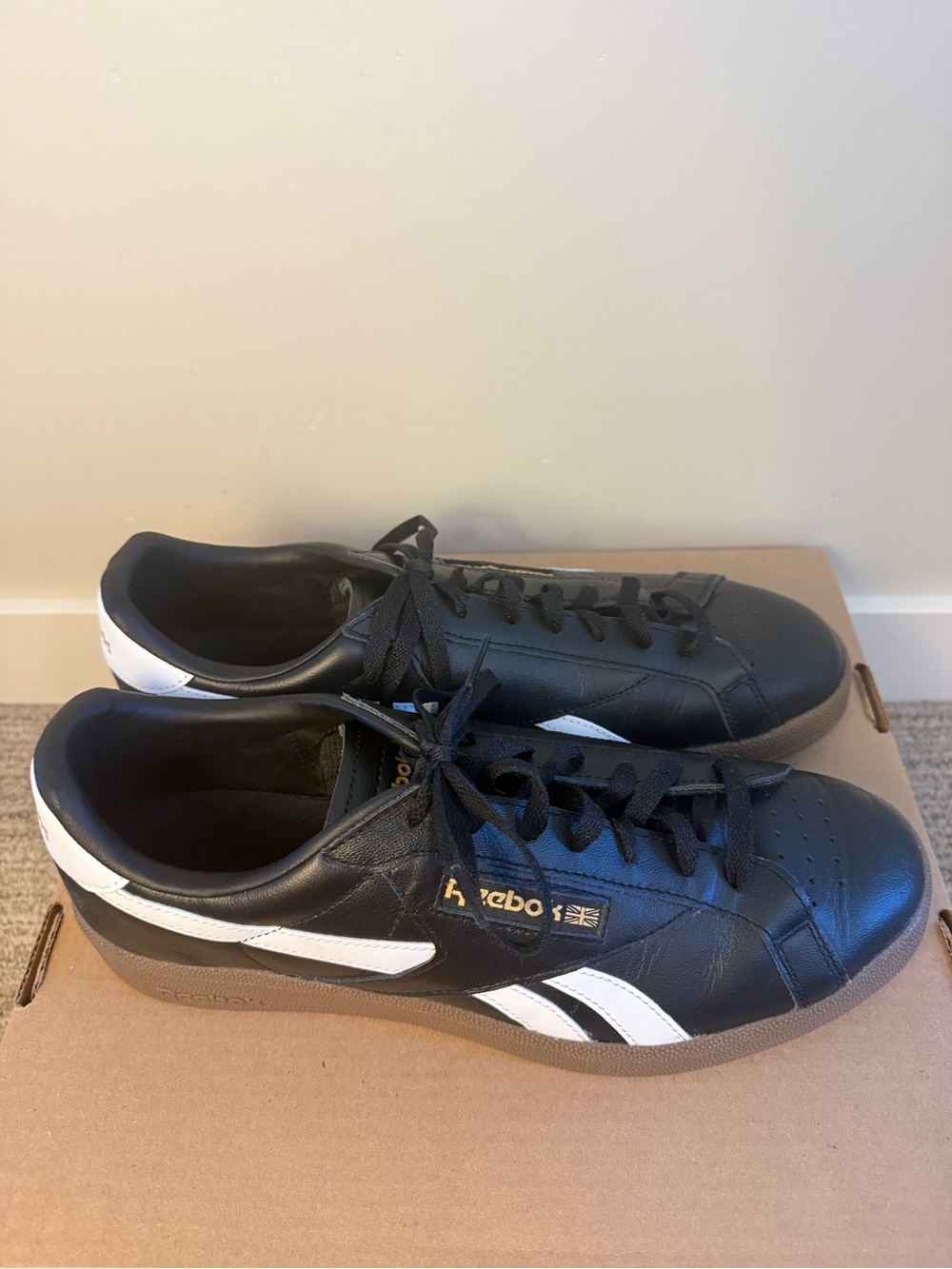 Reebok Men’s Black Leather Sneakers with White Side Stripe
